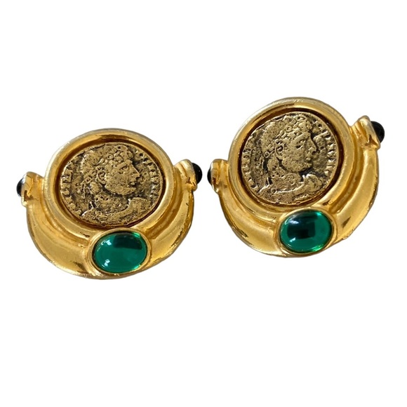 Vintage rare Caralina gold tone clip on Greek revival earrings cabochon coin - Picture 5 of 10